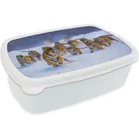 MuchoWow Broodtrommel Wit - Lunchbox - Brooddoos - Tijger - Sneeuw - Wilde dieren - Winter - 18x12x6 cm - Volwassenen