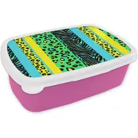 MuchoWow Broodtrommel Roze - Lunchbox - Brooddoos - Design - Panterprint - Geel - Groen - 18x12x6 cm - Kinderen - Meisje