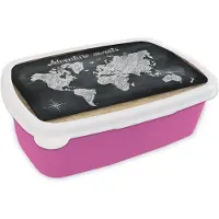 MuchoWow Broodtrommel Roze - Lunchbox - Brooddoos - Wereldkaart - Krijtbord - Wit - 18x12x6 cm - Kinderen - Meisje