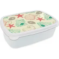MuchoWow Broodtrommel Wit - Lunchbox - Brooddoos - Schelpen - Zeester - Strand - Vintage - Patroon - 18x12x6 cm - Volwassenen