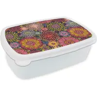 MuchoWow Broodtrommel Wit - Lunchbox - Brooddoos - Bloemen - Patroon - Lijn - 18x12x6 cm - Volwassenen