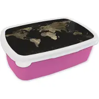 MuchoWow Broodtrommel Roze - Lunchbox - Brooddoos - Wereldkaart - Zwart - Goud - 18x12x6 cm - Kinderen - Meisje