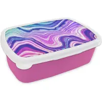 MuchoWow Broodtrommel Roze - Lunchbox - Brooddoos - Marmer - Paars - Blauw - 18x12x6 cm - Kinderen - Meisje