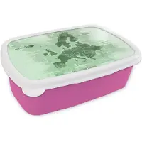 MuchoWow Broodtrommel Roze - Lunchbox - Brooddoos - Kaart Europa - Krant - Groen - 18x12x6 cm - Kinderen - Meisje