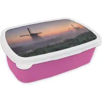 MuchoWow Broodtrommel Roze - Lunchbox - Brooddoos - Molen - Nederland - Mist - 18x12x6 cm - Kinderen - Meisje