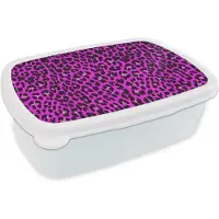 MuchoWow Broodtrommel Wit - Lunchbox - Brooddoos - Luipaard - Roze - Dieren - 18x12x6 cm - Volwassenen