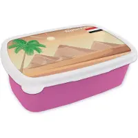 MuchoWow Broodtrommel Roze - Lunchbox - Brooddoos - Illustratie van piramides in Egypte met palmboom en Egyptische vlag - 18x12x6 cm - Kinderen - Meisje