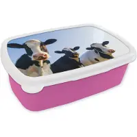 MuchoWow Broodtrommel Roze - Lunchbox - Brooddoos - Koe - Dieren - Blauw - Macro - 18x12x6 cm - Kinderen - Meisje