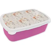 MuchoWow Broodtrommel Roze - Lunchbox - Brooddoos - Rozen - Bladeren - Patroon - 18x12x6 cm - Kinderen - Meisje