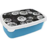 MuchoWow Broodtrommel Blauw - Lunchbox - Brooddoos - Rozen - Zwart Wit - Patronen - 18x12x6 cm - Kinderen - Jongen