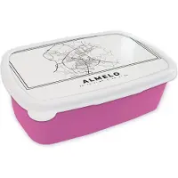 MuchoWow Broodtrommel Roze - Lunchbox - Brooddoos - Stadskaart – Zwart Wit - Kaart – Almelo – Nederland – Plattegrond - 18x12x6 cm - Kinderen - Meisje