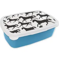 MuchoWow Broodtrommel Blauw - Lunchbox - Brooddoos - Paarden - Wit - Patroon - Meisjes - Kinderen - Meiden - 18x12x6 cm - Kinderen - Jongen