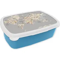 MuchoWow Broodtrommel Blauw - Lunchbox - Brooddoos - Wereldkaart - Kinderkamer - Dinosauriërs - Jongens - Meisjes - Kinderen - 18x12x6 cm - Kinderen - Jongen