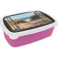 MuchoWow Broodtrommel Roze - Lunchbox - Brooddoos - Doorkijk - Strand - Zee - Zand - Water - Helmgras - Duinen - 18x12x6 cm - Kinderen - Meisje
