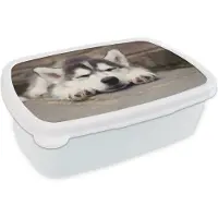 MuchoWow Broodtrommel Wit - Lunchbox - Brooddoos - Husky puppy slaapt - 18x12x6 cm - Volwassenen