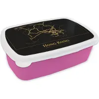 MuchoWow Broodtrommel Roze - Lunchbox - Brooddoos - Kaart - Hong Kong - Goud - Zwart - 18x12x6 cm - Kinderen - Meisje