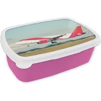MuchoWow Broodtrommel Roze - Lunchbox - Brooddoos - Rood met wit vliegtuig op Schiphol - 18x12x6 cm - Kinderen - Meisje