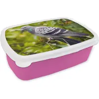 MuchoWow Broodtrommel Roze - Lunchbox - Brooddoos - Een kleurrijke wilde duif tussen de groene bladeren - 18x12x6 cm - Kinderen - Meisje