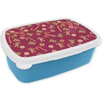 MuchoWow Broodtrommel Blauw - Lunchbox - Brooddoos - Kerst - Zuurstok - Peperkoek - Patronen - 18x12x6 cm - Kinderen - Jongen