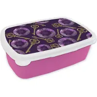 MuchoWow Broodtrommel Roze - Lunchbox - Brooddoos - Edelsteen - Patronen - Goud - Sleutel - 18x12x6 cm - Kinderen - Meisje