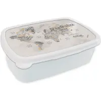 MuchoWow Broodtrommel Wit - Lunchbox - Brooddoos - Wereldkaart - Letters - Bruin - 18x12x6 cm - Volwassenen