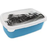 MuchoWow Broodtrommel Blauw - Lunchbox - Brooddoos - Zwart-wit foto van een antieke stoomtrein - 18x12x6 cm - Kinderen - Jongen