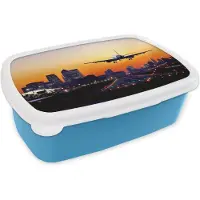 MuchoWow Broodtrommel Blauw - Lunchbox - Brooddoos - Vliegtuig land in London - 18x12x6 cm - Kinderen - Jongen