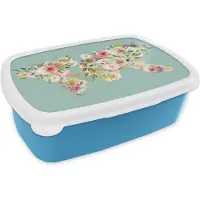 MuchoWow Broodtrommel Blauw - Lunchbox - Brooddoos - Kaart - Wereld - Bloemen - Planten - 18x12x6 cm - Kinderen - Jongen