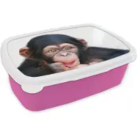 MuchoWow Broodtrommel Roze - Lunchbox - Brooddoos - Close-up chimpansee aap tegen witte achtergrond - 18x12x6 cm - Kinderen - Meisje