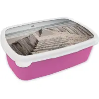 MuchoWow Broodtrommel Roze - Lunchbox - Brooddoos - Strand - Hek - Schaduw - 18x12x6 cm - Kinderen - Meisje
