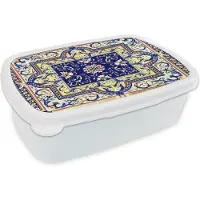 MuchoWow Broodtrommel Wit - Lunchbox - Brooddoos - Perzisch Tapijt - Vloerkleed - Patronen - Blauw - 18x12x6 cm - Volwassenen