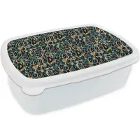 MuchoWow Broodtrommel Wit - Lunchbox Panter - Luxe - Patronen - Brooddoos 18x12x6 cm - Brood lunch box - Broodtrommels voor kinderen en volwassenen