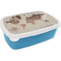 MuchoWow Broodtrommel Blauw - Lunchbox - Brooddoos - Wereldkaart - Hout - Windroos - 18x12x6 cm - Kinderen - Jongen