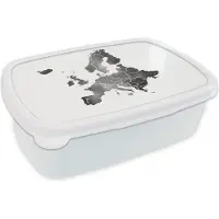 MuchoWow Broodtrommel Wit - Lunchbox - Brooddoos - Europakaart in waterverf - zwart wit - 18x12x6 cm - Volwassenen
