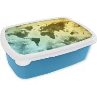 MuchoWow Broodtrommel Blauw - Lunchbox - Brooddoos - Wereldkaart - Blauw - Geel - 18x12x6 cm - Kinderen - Jongen