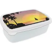 MuchoWow Broodtrommel Wit - Lunchbox - Brooddoos - Zeilboot - Palmboom - Zon - 18x12x6 cm - Volwassenen