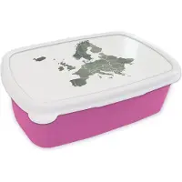 MuchoWow Broodtrommel Roze - Lunchbox - Brooddoos - Kaart Europa - Waterverf - Grijs - 18x12x6 cm - Kinderen - Meisje