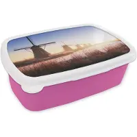 MuchoWow Broodtrommel Roze - Lunchbox - Brooddoos - De molens op de Kinderdijk - 18x12x6 cm - Kinderen - Meisje