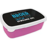 MuchoWow Broodtrommel Roze - Lunchbox - Brooddoos - Quotes - Spreuken - Ik ben de trotse broer - Broer - Zus - 18x12x6 cm - Kinderen - Meisje