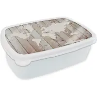 MuchoWow Broodtrommel Wit - Lunchbox - Brooddoos - Wereldkaart - Hout - Simpel - 18x12x6 cm - Volwassenen