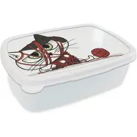 MuchoWow Broodtrommel Wit - Lunchbox - Brooddoos - Kat - Wol - Rood - 18x12x6 cm - Volwassenen