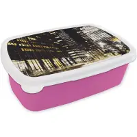 MuchoWow Broodtrommel Roze - Lunchbox - Brooddoos - New York - Lamp - Nacht - 18x12x6 cm - Kinderen - Meisje