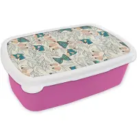 MuchoWow Broodtrommel Roze - Lunchbox - Brooddoos - Vlinders - Patronen - Bloemen - Dieren - 18x12x6 cm - Kinderen - Meisje