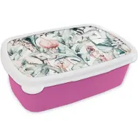 MuchoWow Broodtrommel Roze - Lunchbox - Brooddoos - Waterverf - Dieren - Planten - Jungle - Jongens - Meisjes - Kinderen - 18x12x6 cm - Kinderen - Meisje