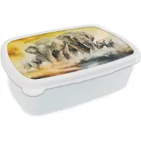 MuchoWow Broodtrommel Wit - Lunchbox - Brooddoos - Olifant - Aquarelverf - Familie - 18x12x6 cm - Volwassenen