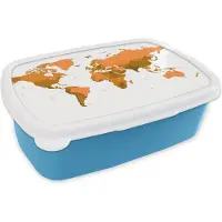MuchoWow Broodtrommel Blauw - Lunchbox - Brooddoos - Wereldkaart - Oranje - Simpel - 18x12x6 cm - Kinderen - Jongen