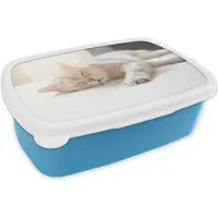 MuchoWow Broodtrommel Blauw - Lunchbox - Brooddoos - Kat slaapt op bed - 18x12x6 cm - Kinderen - Jongen