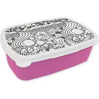 MuchoWow Broodtrommel Roze - Lunchbox - Brooddoos - Patronen - Abstract - Line Art - Zwart Wit - 18x12x6 cm - Kinderen - Meisje