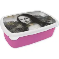 MuchoWow Broodtrommel Roze - Lunchbox - Brooddoos - Mona Lisa - Leonardo da Vinci - Goud - 18x12x6 cm - Kinderen - Meisje