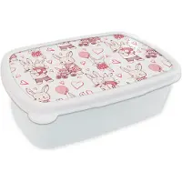 MuchoWow Broodtrommel Wit - Lunchbox - Brooddoos - Konijnen - Liefde - Patronen - 18x12x6 cm - Volwassenen